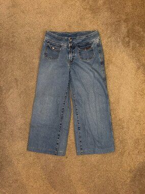 Lucky Brand Cropped Denim Gaucho Jeans Double Snap & Front Flap Pockets